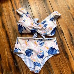 Saha Reversible Floral and Stripe High waisted Bikini Small